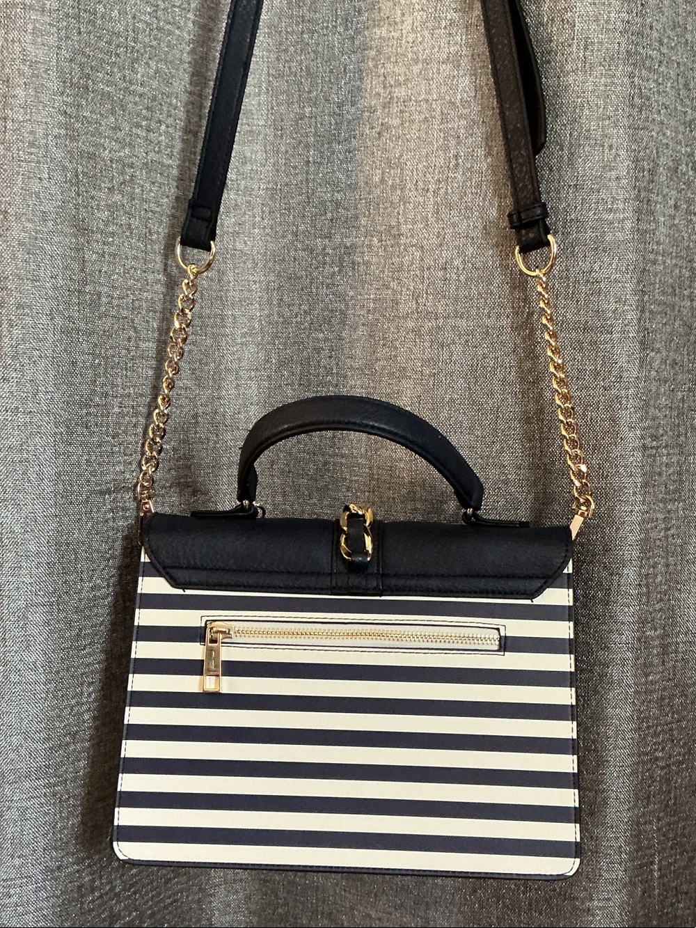 ALDO Navy, Red & White Striped Chain-Accent Satchel - Picture 2 of 7